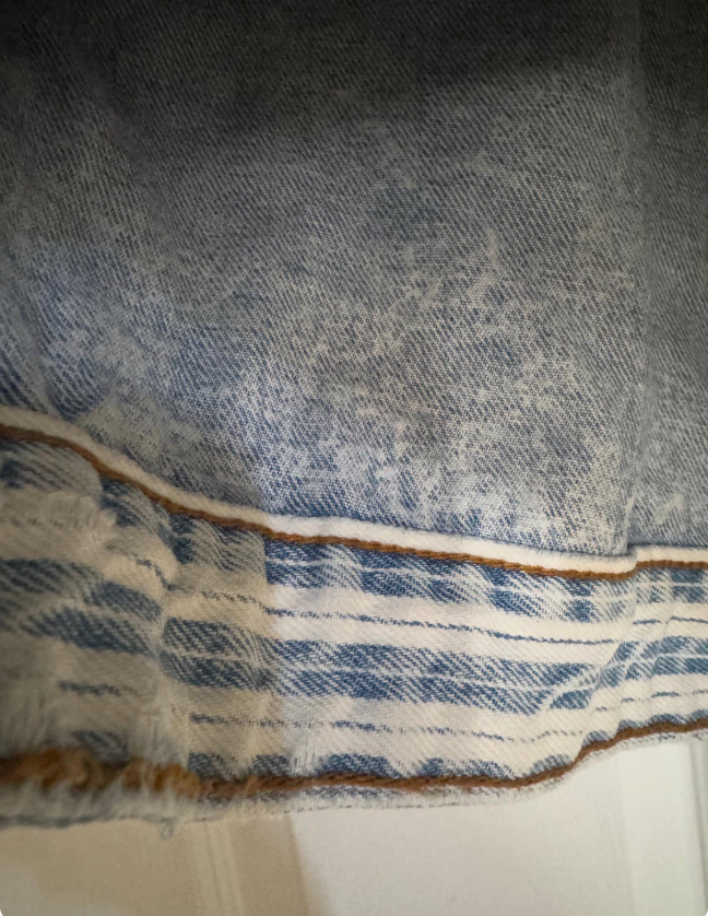 perfectly sun-faded vintage size L denim jacket with striped detailing at collar and hem