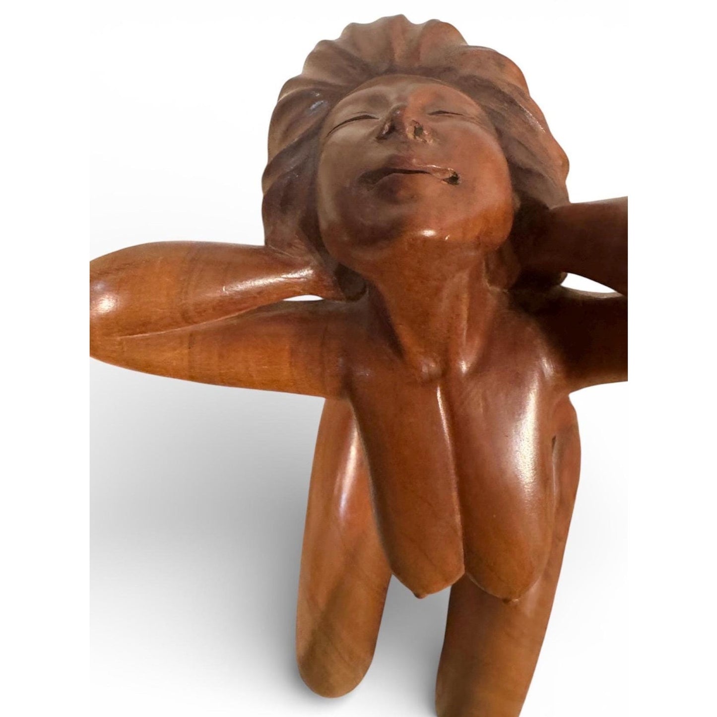 Vintage Hand-Carved Nude Sculpture – Signed & Dated 1984 – Large Solid Wood Modernist Figurative Art