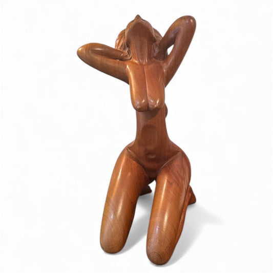 Vintage Hand-Carved Nude Sculpture – Signed & Dated 1984 – Large Solid Wood Modernist Figurative Art